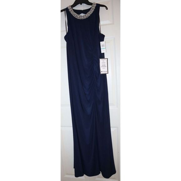 MSK 93900363L Sz 16 Navy Style Setter Embellished Front-Slit Evening Gown $129 - Picture 1 of 12